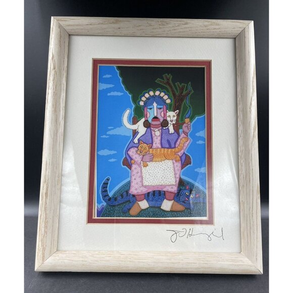 Vintage Jesse T Hummingbird Signed And Framed Cat Lady - Picture 1 of 7